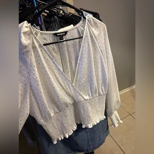 Express White Polka Dot Smocked-Waist Wrap Blouse